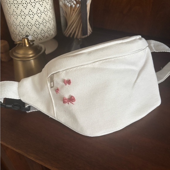 Handmade Handbags - White Belt Bag with Hand Embroidered Pink Bow Accents
